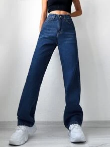 SHEIN PETITE Solid Wide Leg Jeans - Dark Wash - View 3