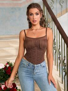 PARTHEA Áo hai dây Bất đối xứng Dây kéo Nếp gấp Phần Ngực màu trơn Giải trí - màu nâu - Xem 8