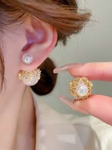 Andkiss 1對迷人的鑲嵌鑽石和人造珍珠耳夾,適用於女性日常裝飾 - 彩色 - 查看 2