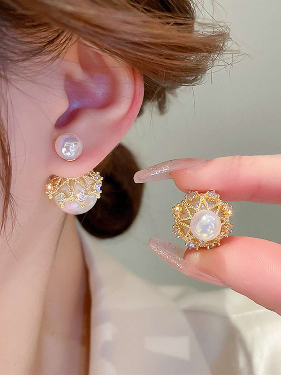 Andkiss 1對迷人的鑲嵌鑽石和人造珍珠耳夾,適用於女性日常裝飾