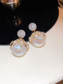 Andkiss 1對迷人的鑲嵌鑽石和人造珍珠耳夾,適用於女性日常裝飾 - 彩色 - 查看 3