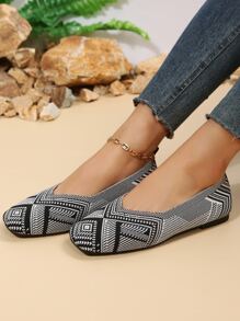 女士幾何樣式方頭時尚戶外織物芭蕾舞鞋 - 黑與白 - 查看 3