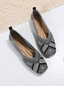 女士幾何樣式方頭時尚戶外織物芭蕾舞鞋 - 黑與白 - 查看 7