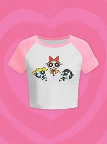 The Powerpuff Girls | ROMWE Cartoon Graphic Colorblock Tee - Pink - View 1