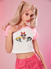 The Powerpuff Girls | ROMWE Cartoon Graphic Colorblock Tee - Pink - View 2