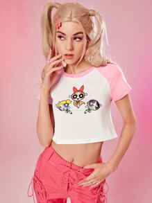 The Powerpuff Girls | ROMWE Cartoon Graphic Colorblock Tee - Pink - View 4