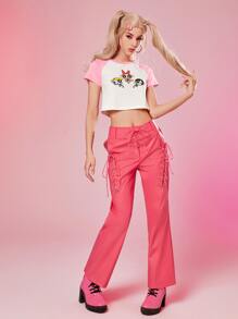 The Powerpuff Girls | ROMWE Cartoon Graphic Colorblock Tee - Pink - View 5