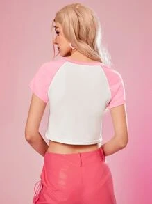 The Powerpuff Girls | ROMWE Cartoon Graphic Colorblock Tee - Pink - View 6