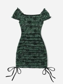 ROMWE Fairycore 印花抽繩褶邊連衣裙 - 墨綠色 - 查看 2