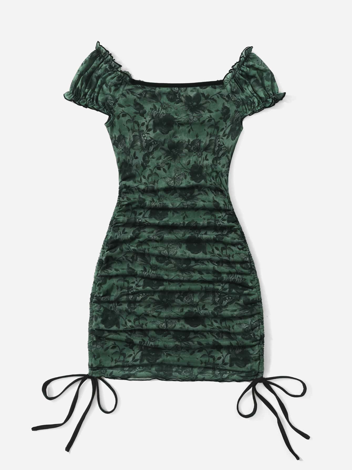 ROMWE Fairycore Floral Print Drawstring Ruched Dress - Dark Green - View 2