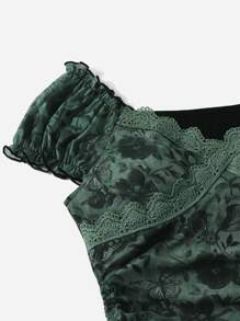 ROMWE Fairycore 印花抽繩褶邊連衣裙 - 墨綠色 - 查看 3