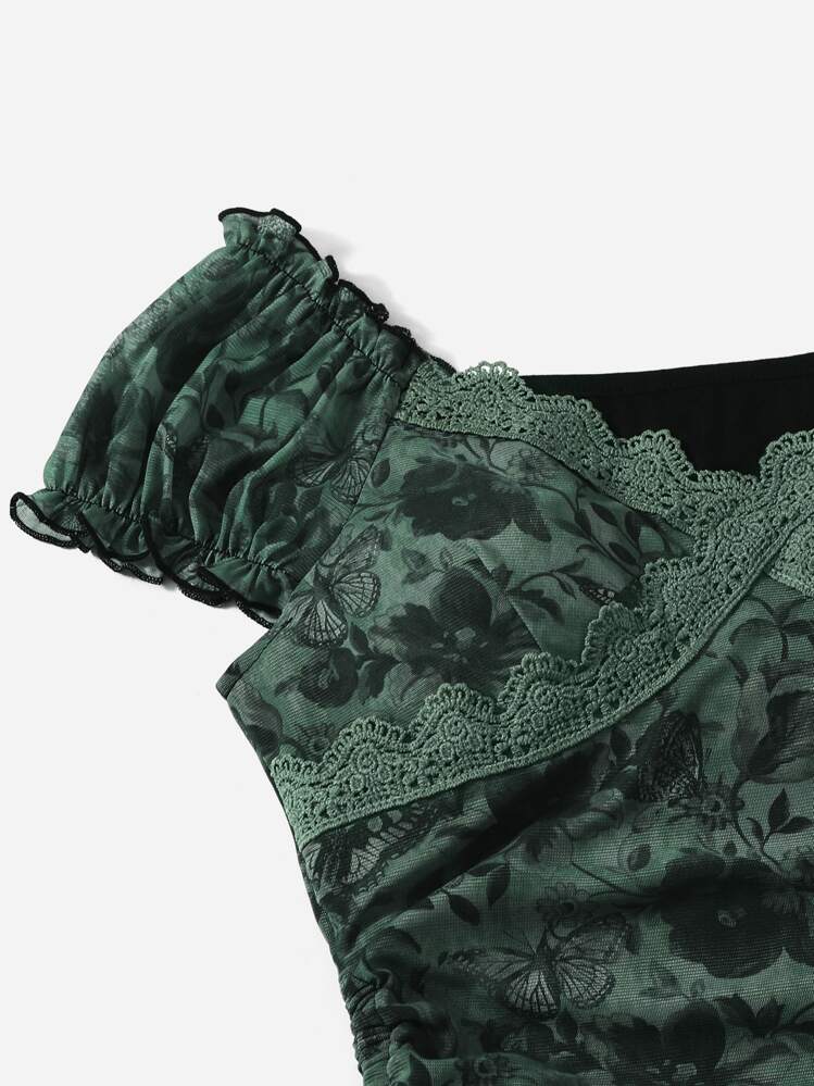 ROMWE Fairycore Floral Print Drawstring Ruched Dress - Dark Green - View 3