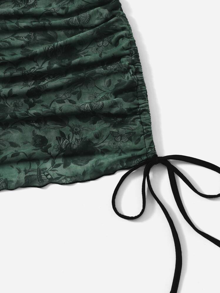 ROMWE Fairycore Floral Print Drawstring Ruched Dress - Dark Green - View 4