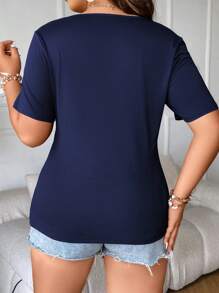 SHEIN Franclia Áo thun Plus size Tương phản ren màu trơn Giải trí - Xanh đậm - Xem 2