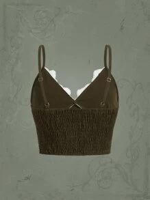 蕾絲拼接吊帶上衣 - 軍綠色 - 查看 2