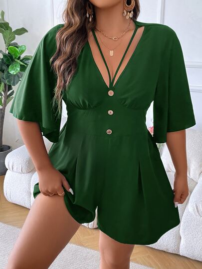 SHEIN Holidaya 大碼前紐扣蝴蝶袖連身短褲