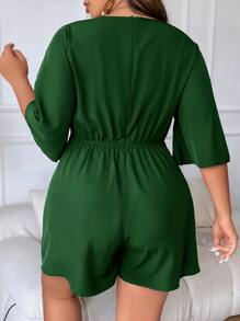 SHEIN Holidaya 大碼前紐扣蝴蝶袖連身短褲 - 綠色 - 查看 2