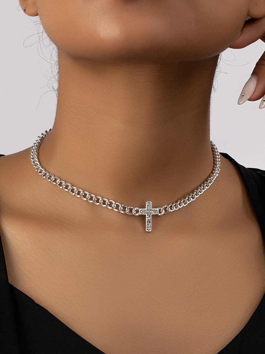 1 chiếc vòng cổ trang trí thánh giá đính đá thời trang dành cho nữ để trang trí hàng ngày - Bạc - Xem 1