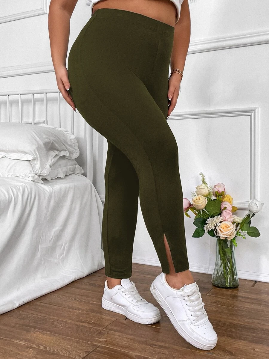 SHEIN LUNE Plus High Waist Split Hem Leggings - Army Green - View 1