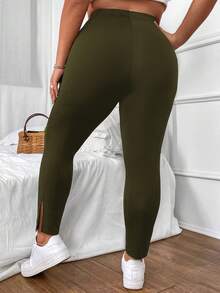SHEIN LUNE Plus High Waist Split Hem Leggings - Army Green - View 2