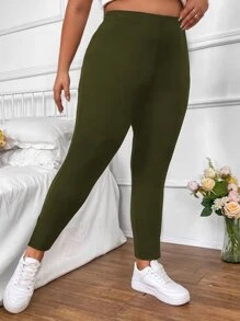SHEIN LUNE Plus High Waist Split Hem Leggings - Army Green - View 3