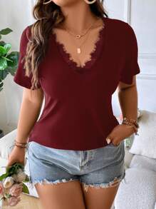Flirla Plus Eyelash Lace Trim Tee - Burgundy - View 3