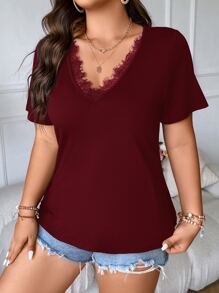 Flirla Plus Eyelash Lace Trim Tee - Burgundy - View 4