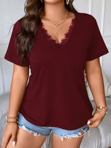 Flirla Plus Eyelash Lace Trim Tee - Burgundy - View 5