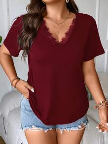 Flirla Plus Eyelash Lace Trim Tee - Burgundy - View 6