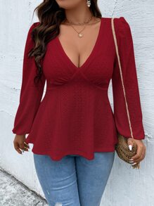 Calvaya Plus Solid Eyelet Embroidery Lantern Sleeve Peplum Tee - Burgundy - View 1