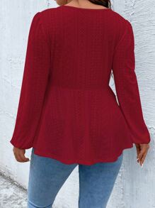 Calvaya Plus Solid Eyelet Embroidery Lantern Sleeve Peplum Tee - Burgundy - View 2
