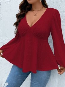 Calvaya Plus Solid Eyelet Embroidery Lantern Sleeve Peplum Tee - Burgundy - View 3