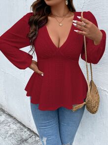 Calvaya Plus Solid Eyelet Embroidery Lantern Sleeve Peplum Tee - Burgundy - View 4