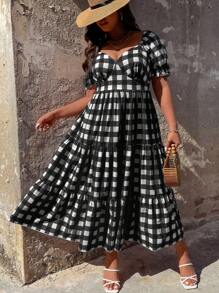 SHEIN Holidaya Đầm Plus Size Viên lá sen Dải chun Nếp gấp Phần Ngực Kẻ sọc Boho - Đen và trắng - Xem 5