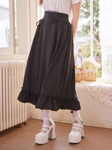 ROMWE Kawaii Falda unicolor bajo con fruncido con nudo delantero - Negro - Ver 2
