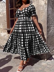 SHEIN Holidaya Đầm Plus Size Viên lá sen Dải chun Nếp gấp Phần Ngực Kẻ sọc Boho - Đen và trắng - Xem 6