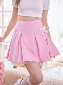 ROMWE Kawaii 蕾絲拼接褶皺面料蝴蝶結裝飾半身裙 - 粉色 - 查看 4