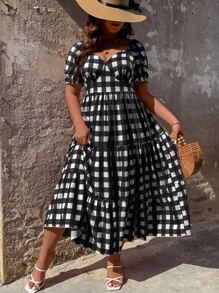 SHEIN Holidaya Đầm Plus Size Viên lá sen Dải chun Nếp gấp Phần Ngực Kẻ sọc Boho - Đen và trắng - Xem 8