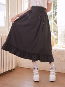 ROMWE Kawaii Falda unicolor bajo con fruncido con nudo delantero - Negro - Ver 3