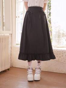 ROMWE Kawaii Falda unicolor bajo con fruncido con nudo delantero - Negro - Ver 4