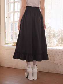 ROMWE Kawaii Falda unicolor bajo con fruncido con nudo delantero - Negro - Ver 5