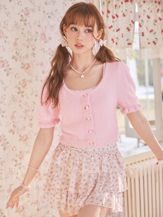 Kawaii Knöpfen vorn Verziert Durchsichtige Spitze Rüschen Einfarbig Lässig Damen Strick Tops