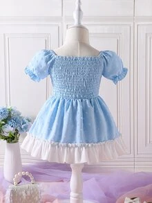 Bebé Vestido de lunares de manga farol bajo con fruncido - Celeste - Ver 2