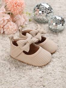 Baby Bow Decor Ankle Strap Flats, Preppy Spring Flats - Apricot - View 1