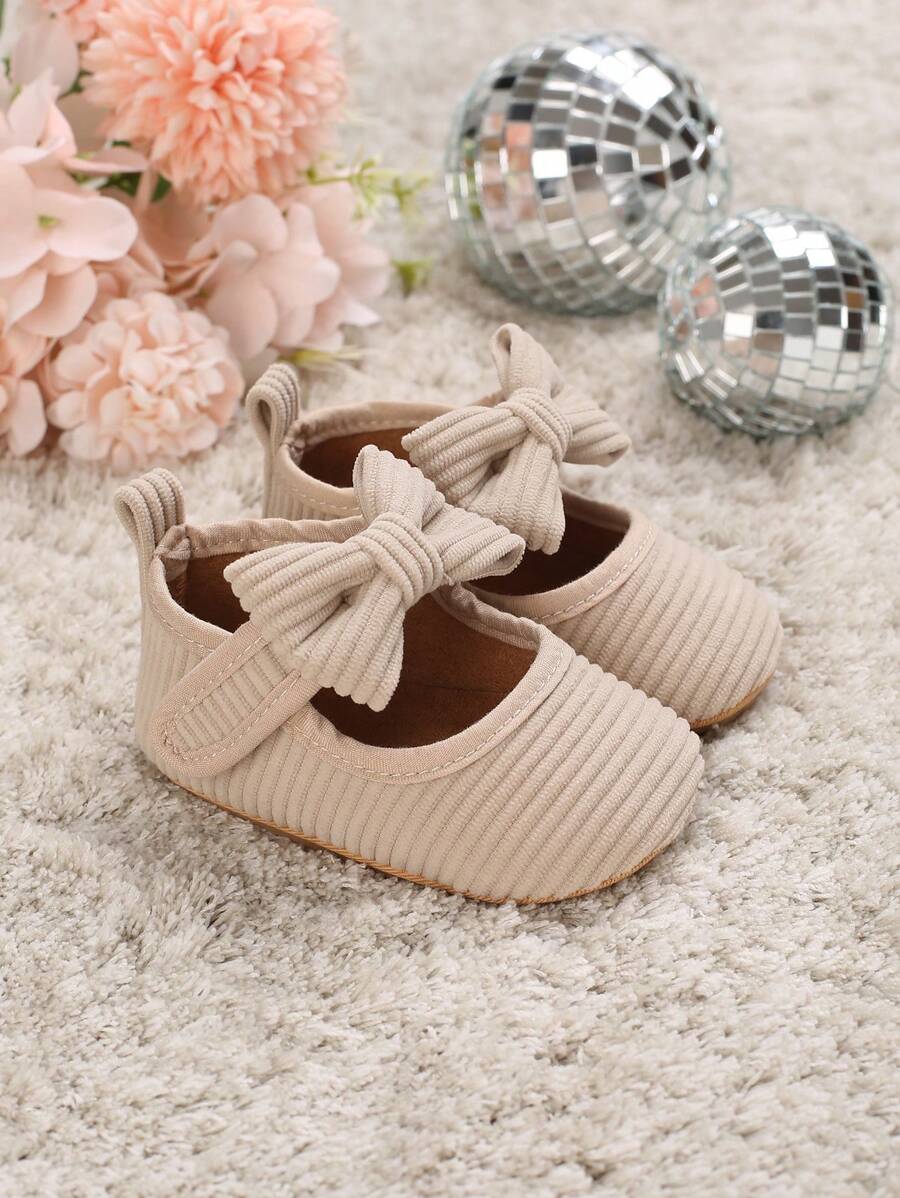 Baby Bow Decor Ankle Strap Flats, Preppy Spring Flats - Apricot - View 1
