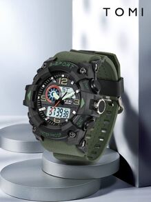 TOMI 1pc Men Green TPU Strap Sporty Date Round Dial Digital Watch, For Daily Life - Army Green - View 1