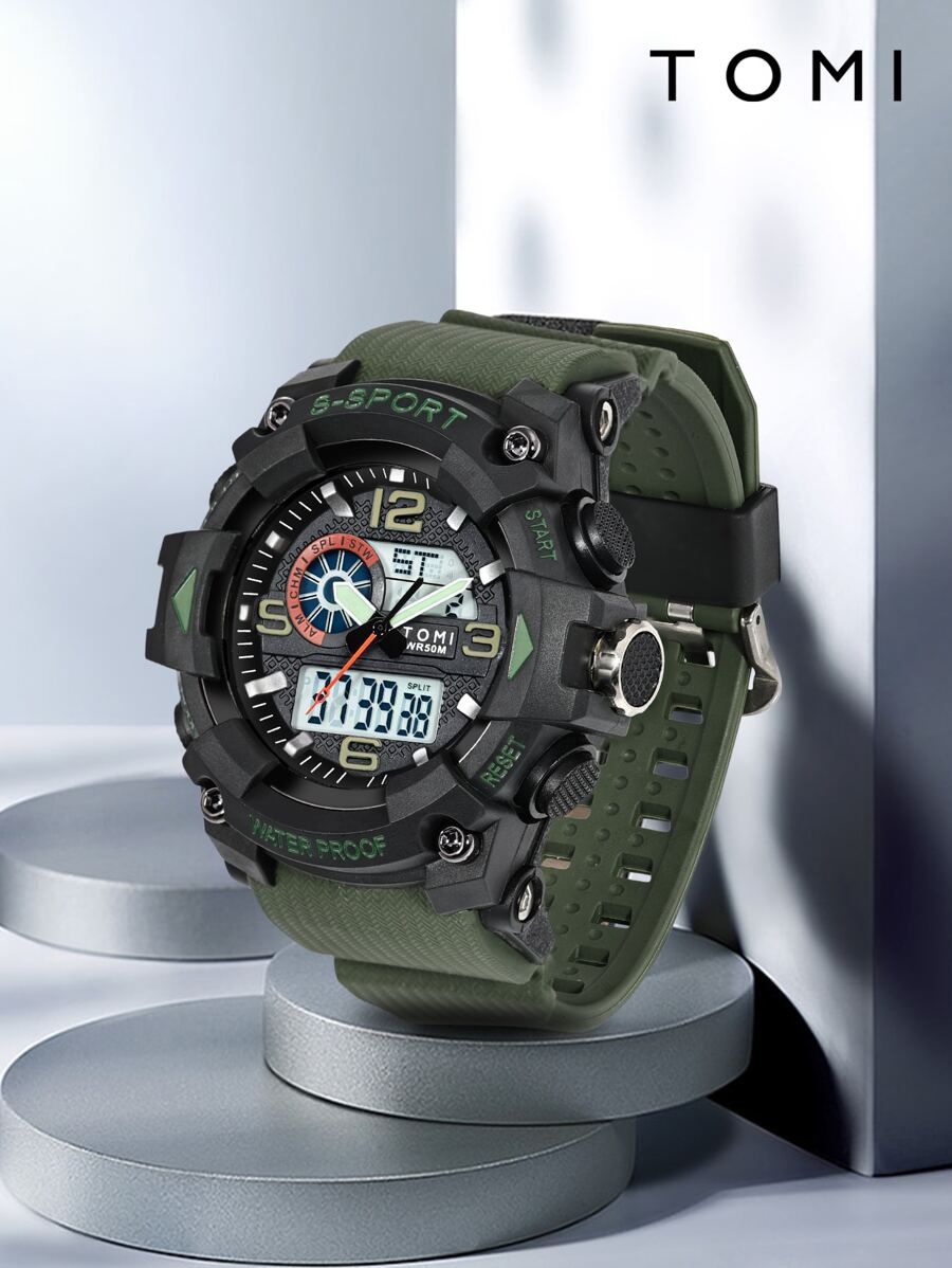 TOMI 1pc Men Green TPU Strap Sporty Date Round Dial Digital Watch, For Daily Life - Army Green - View 1