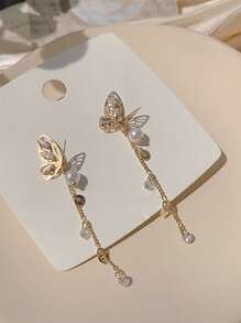 1雙時尚假珍珠和立方氧化鋯裝飾蝴蝶吊墜耳環,適合女性日常裝飾 - 金色 - 查看 3