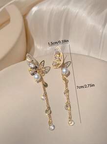 1雙時尚假珍珠和立方氧化鋯裝飾蝴蝶吊墜耳環,適合女性日常裝飾 - 金色 - 查看 4