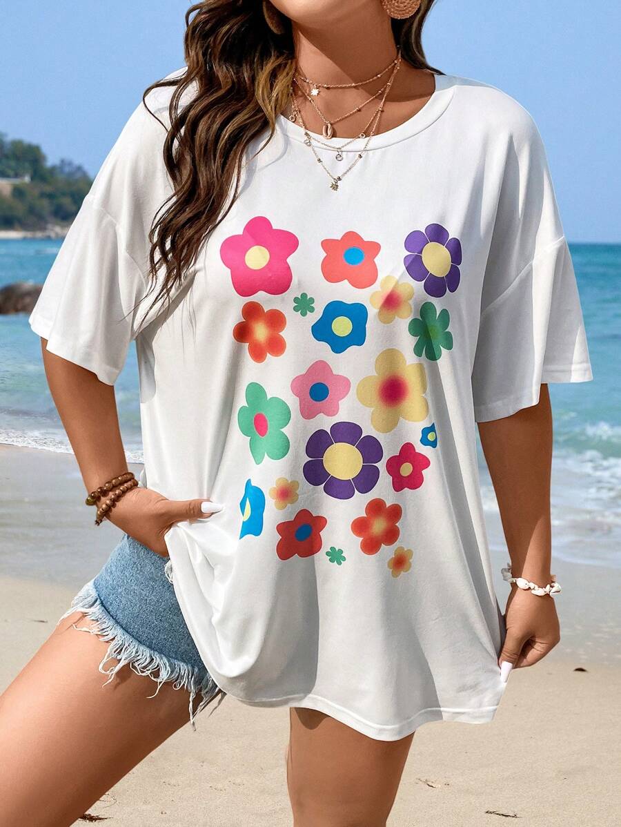 SHEIN Qutie Plus Floral Print Drop Shoulder Tee - White - View 1